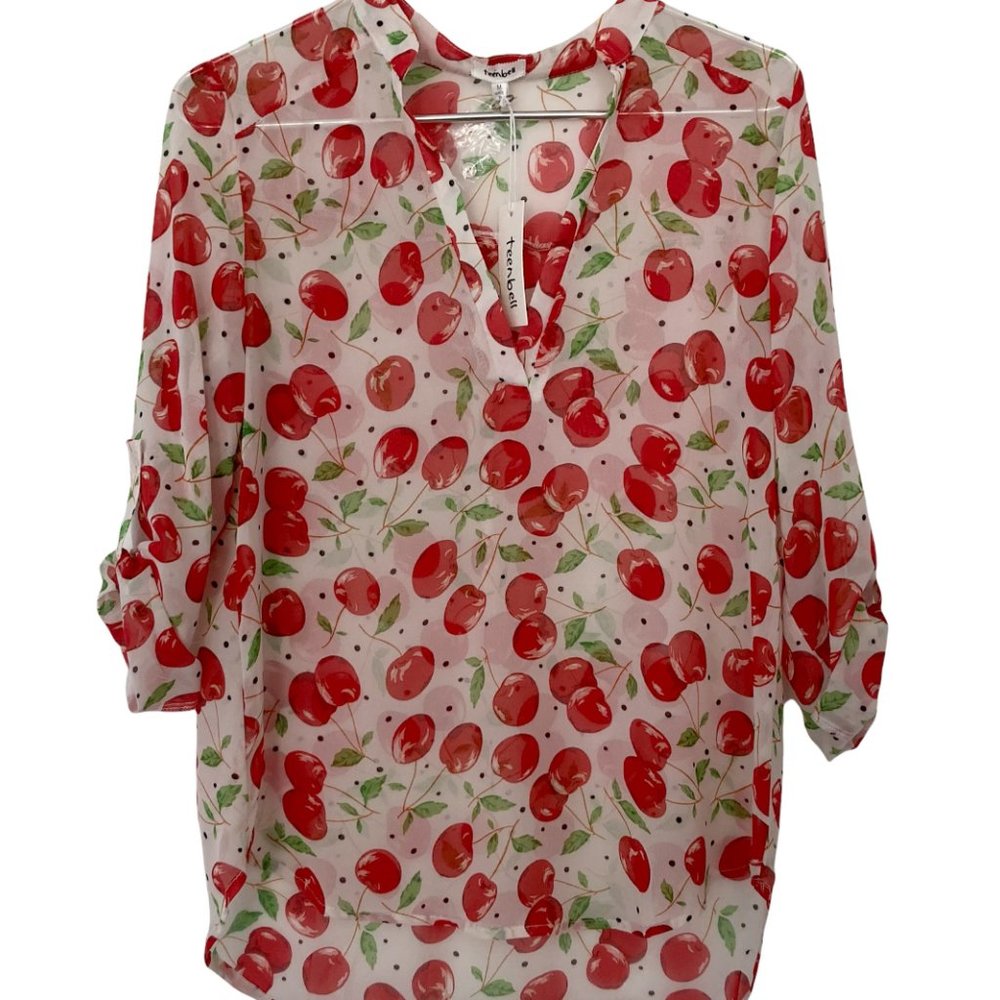 NEW TeenBell Cute Sheer Cherry Graphic Popover with V-Neck + Tab Sleeves Size M